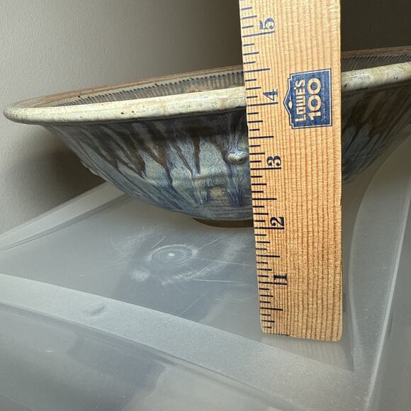 Julie Perry Signed Pottery Large Clay Bowl Tan Blue Glaze Celebrate the Wonder - Picture 11 of 12